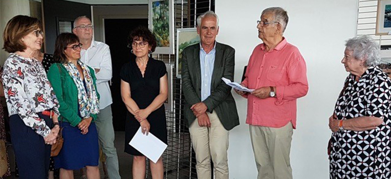 Jean Louis Viguier, Président du Lions club Capitole, Philippe Sudres, Président et Marie-Claude Sudre Vice-Présidente d’Hôpital Sourire, Corine Lacoste et la Directrice financière de la BPOC, lors du vernissage de l’exposition en présence de l’artiste peintre Monique Malbert