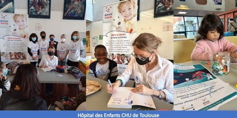 Les bénévoles d'Hôpital Sourire offrent les dernières œuvres de Marie-Constance Mallard, qui dédicace ces dernières sous forme de dessin d'une petite héroïne.