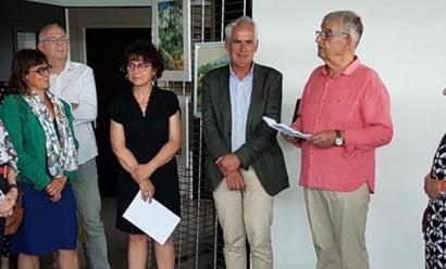 Jean Louis Viguier, Président du Lions club Capitole, Philippe Sudres, Président et Marie-Claude Sudre Vice-Présidente d’Hôpital Sourire, Corine Lacoste et la Directrice financière de la BPOC, lors du vernissage de l’exposition en présence de l’artiste peintre Monique Malbert
