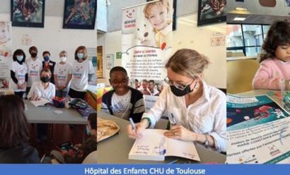 Les bénévoles d'Hôpital Sourire offrent les dernières œuvres de Marie-Constance Mallard, qui dédicace ces dernières sous forme de dessin d'une petite héroïne.